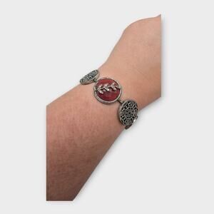 Lucky Brand Red Faceted Stone Silver Medallion Toggle Charm Boho Bracelet